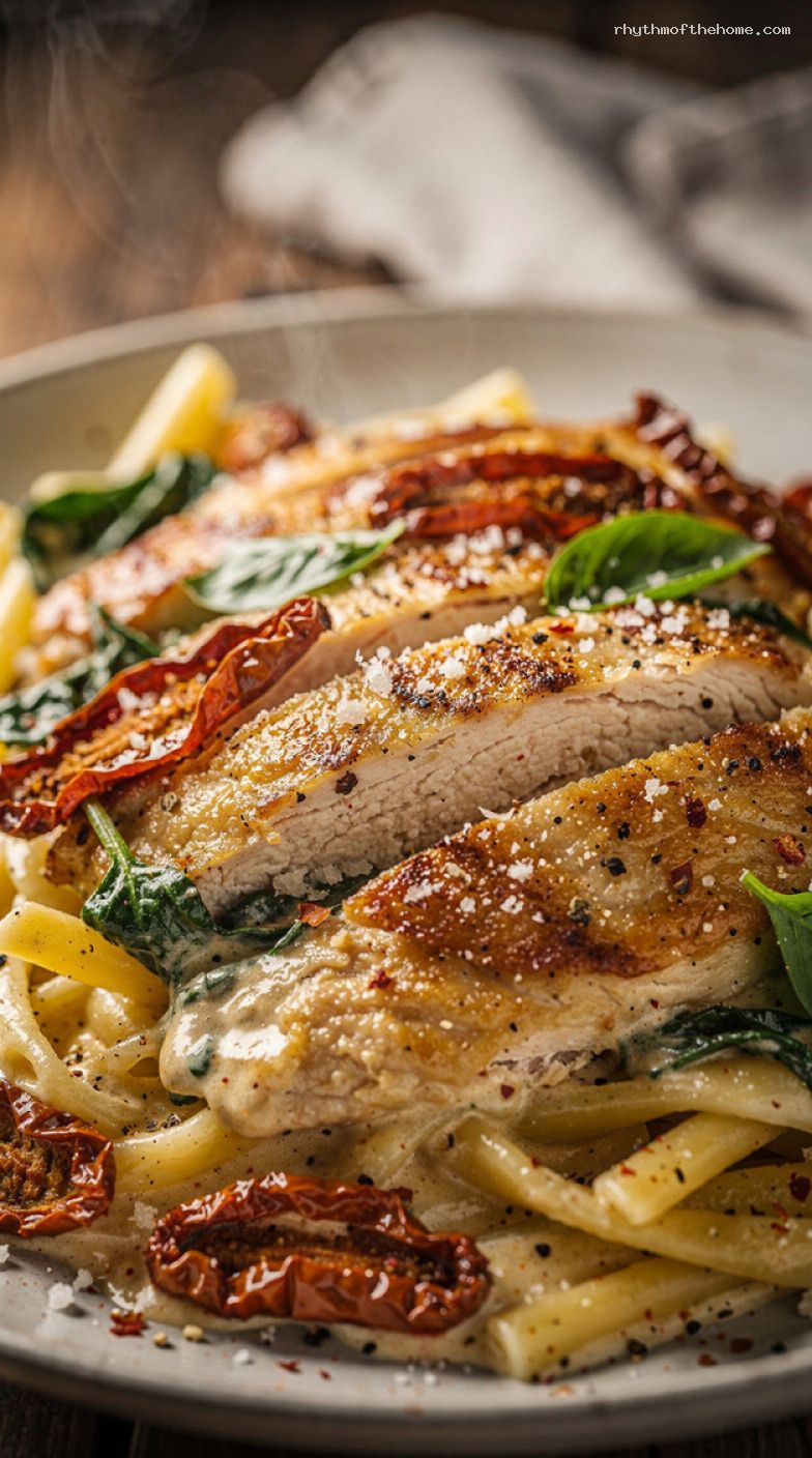 Creamy Tuscan Skillet Chicken with Sun-Dried Tomatoes and Spinach – Closeup