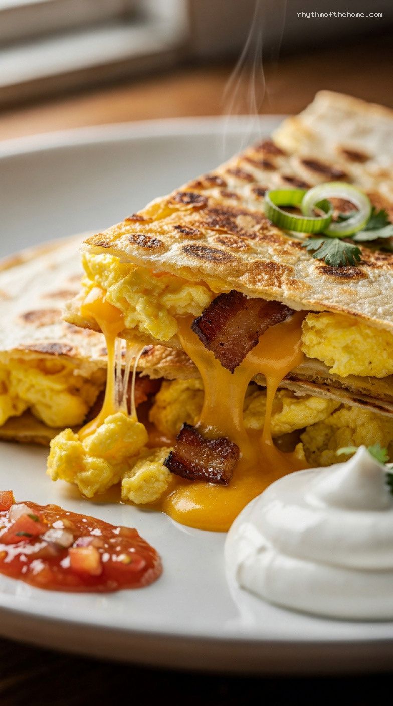 Crispy Breakfast Quesadillas With Eggs, Cheese, and Salsa – Closeup