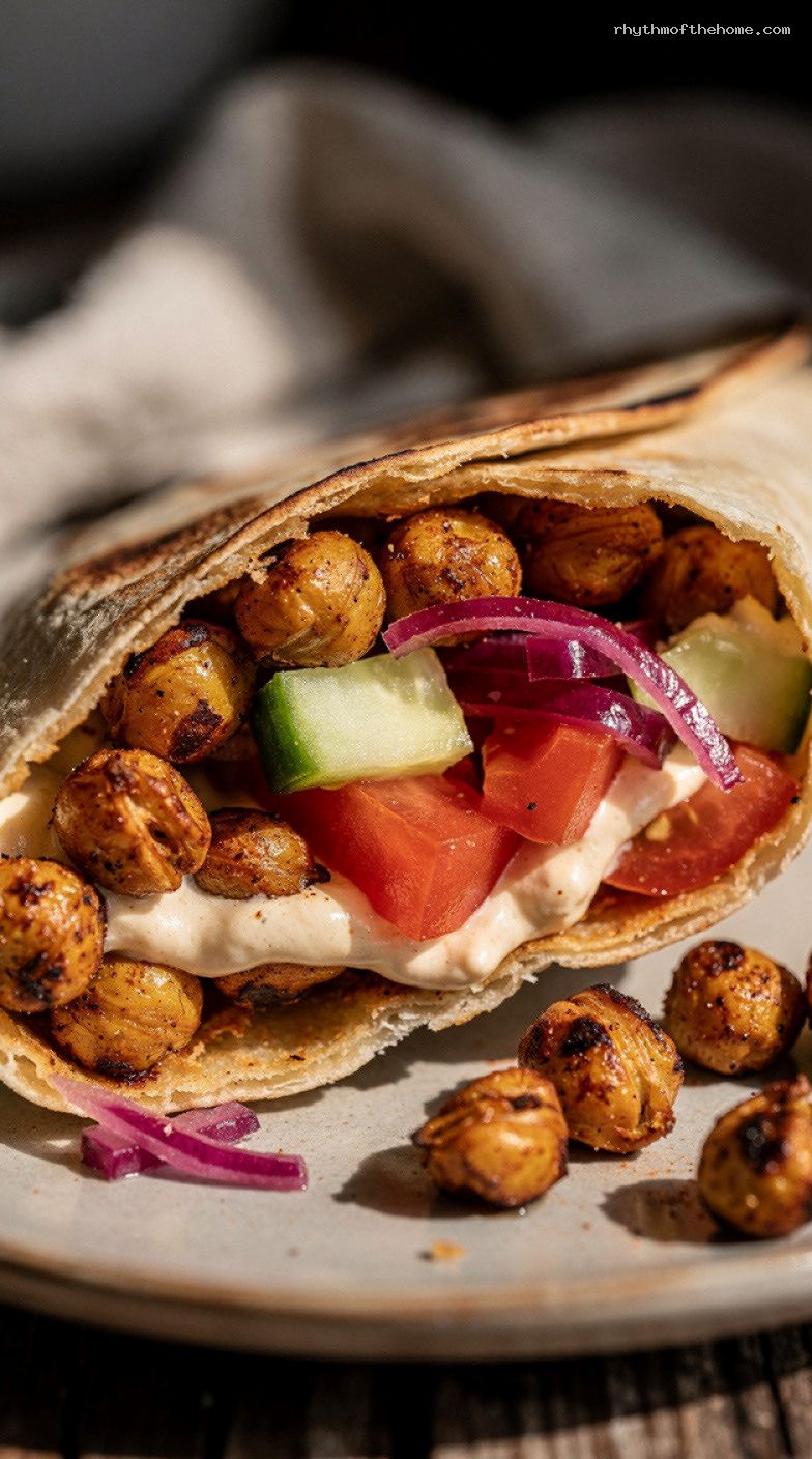 Crispy Chickpea Shawarma Wraps With Tahini and Pickled Onions – Closeup
