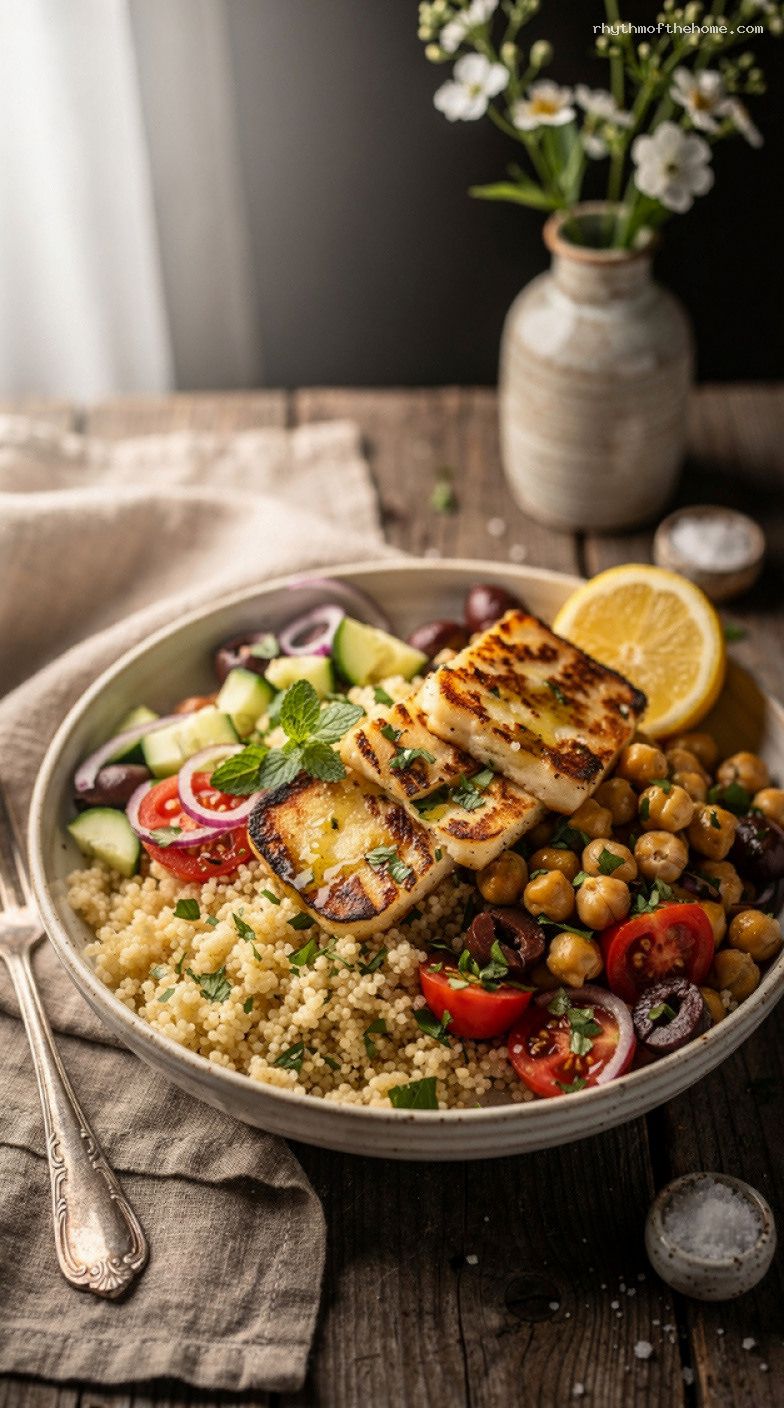 Crispy Halloumi Chickpea Bowl With Lemon Herbs