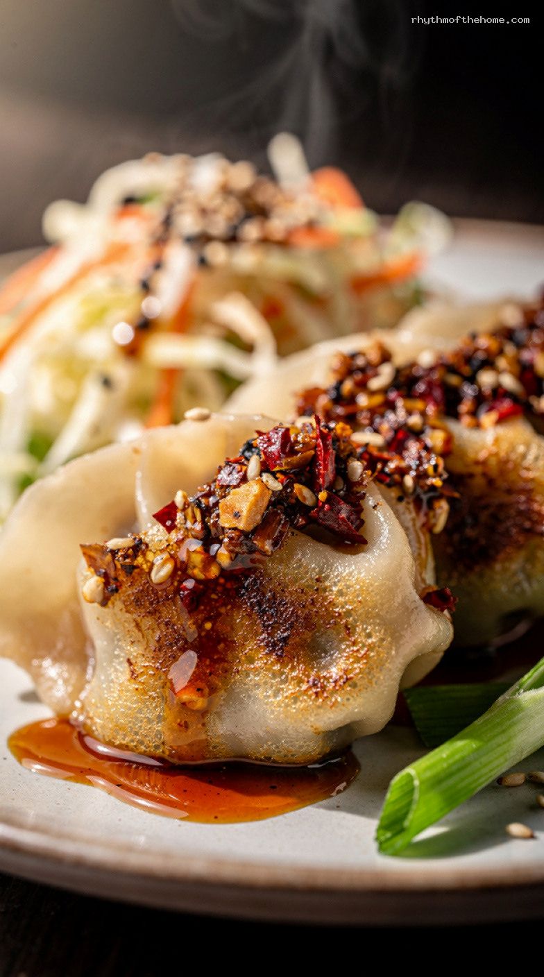 Crispy Pan-Steamed Frozen Gyoza With Sesame Slaw and Chili Crisp – Closeup