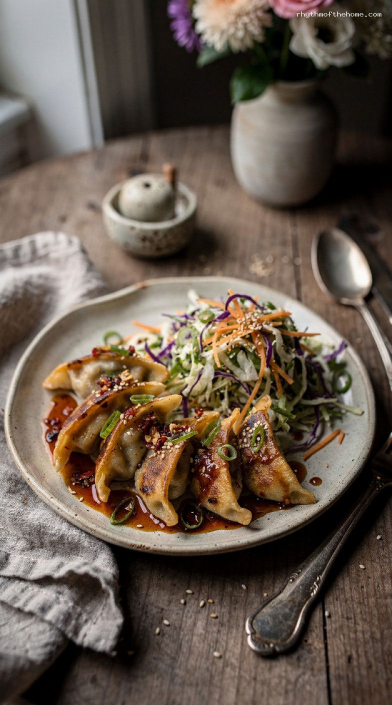 Crispy Pan-Steamed Frozen Gyoza With Sesame Slaw and Chili Crisp