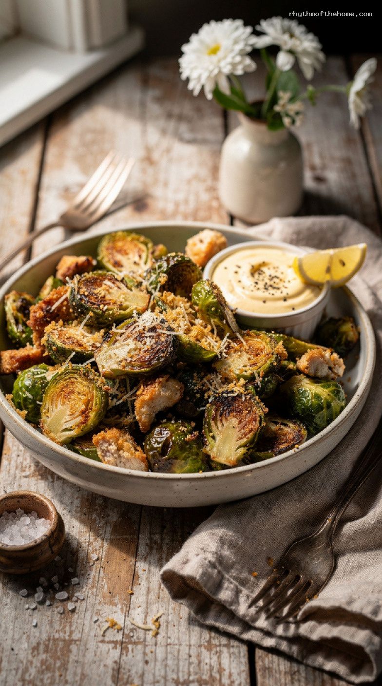 Crispy Parmesan Brussels Sprouts With Lemon Mayo Dip