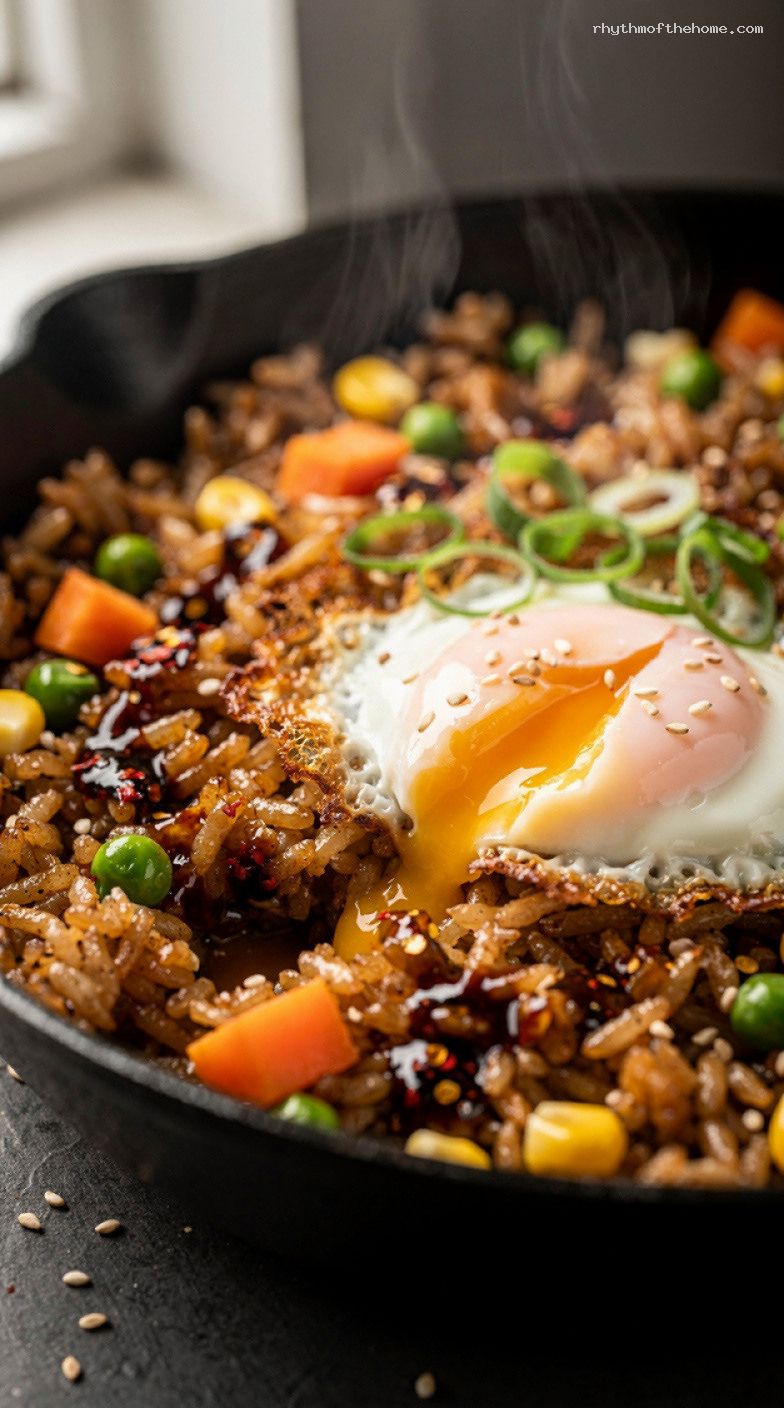 Crispy Rice Skillet With Fried Eggs, Veggies, and Chili Crisp – Closeup