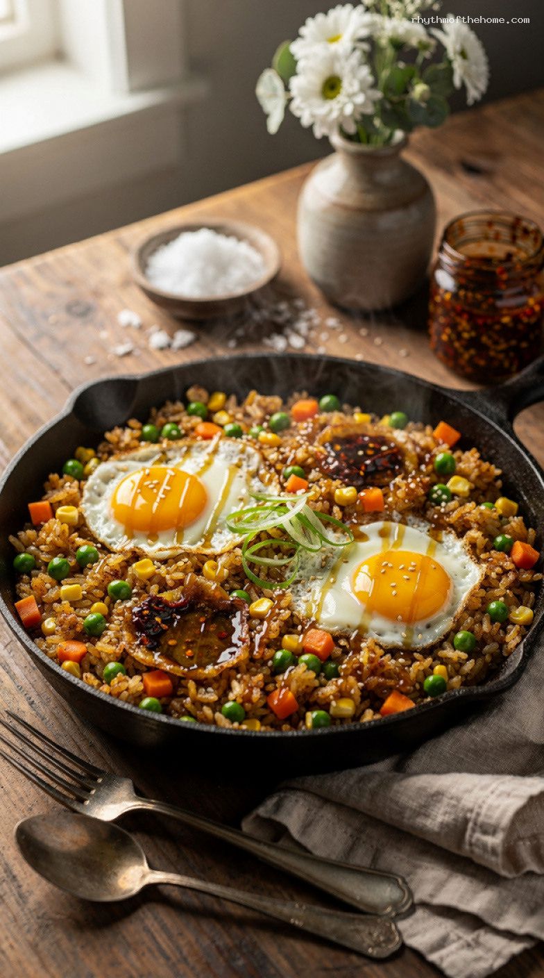Crispy Rice Skillet With Fried Eggs, Veggies, and Chili Crisp