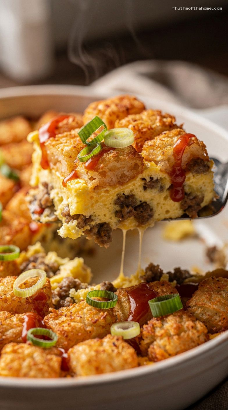 Crispy Tater Tot Breakfast Casserole With Sausage and Cheese – Closeup