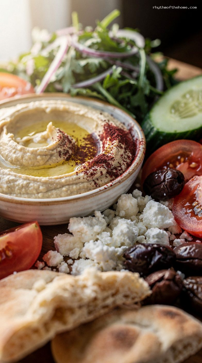 Easy Mezze Snack Plate Dinner Board with Hummus and Pita – Closeup