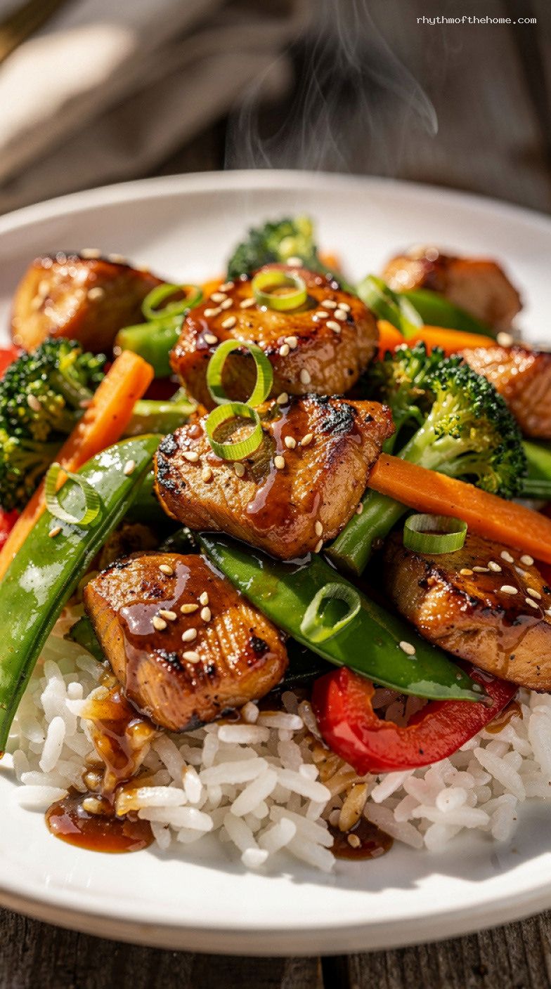 Easy Teriyaki Chicken Stir-Fry with Frozen Veggies and Rice – Closeup