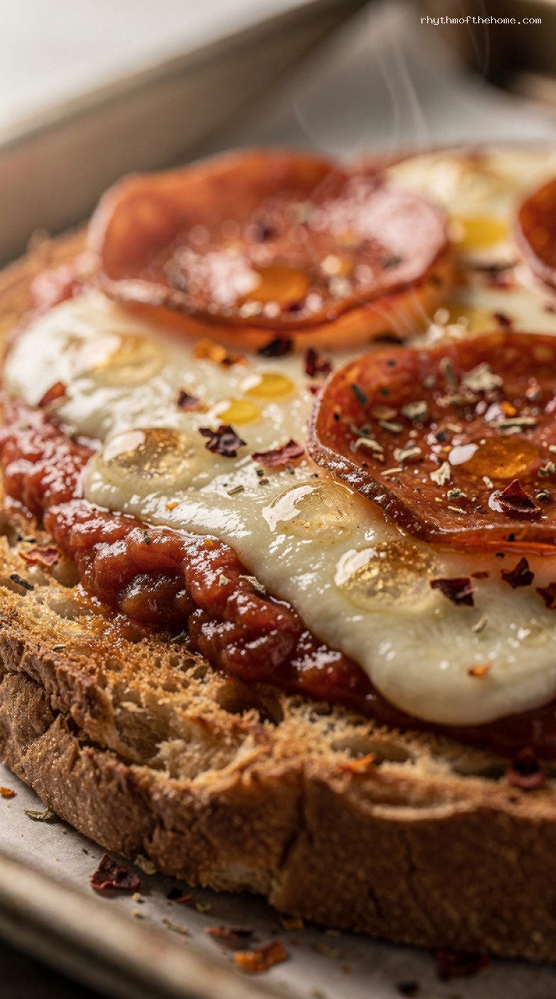 English Muffin Pizza Toast With Mozzarella and Pepperoni – Closeup