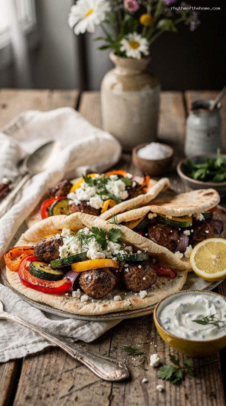 Greek Sheet-Pan Meatballs and Veggies in Pitas with Tzatziki