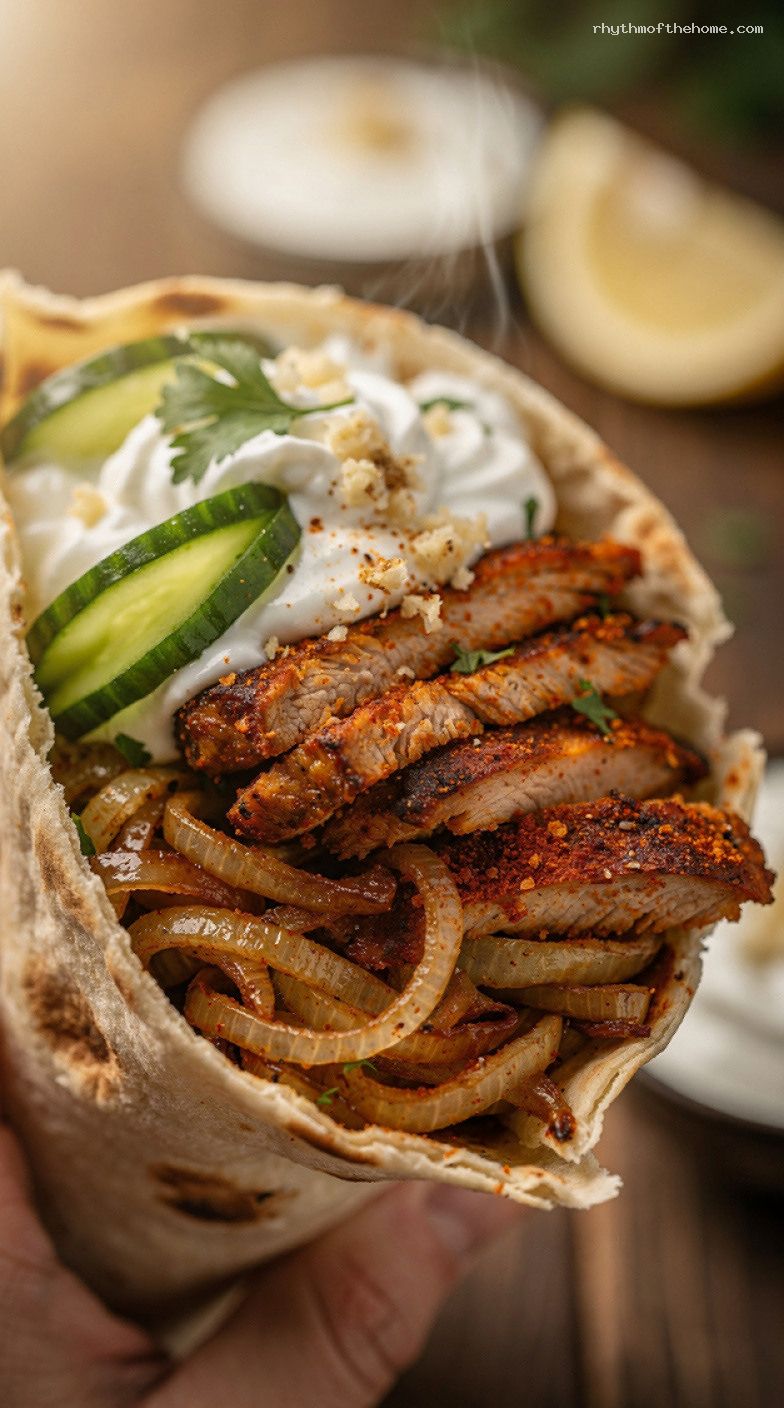 Lazy Baked Chicken Shawarma Thighs With Yogurt Cucumber Sauce – Closeup