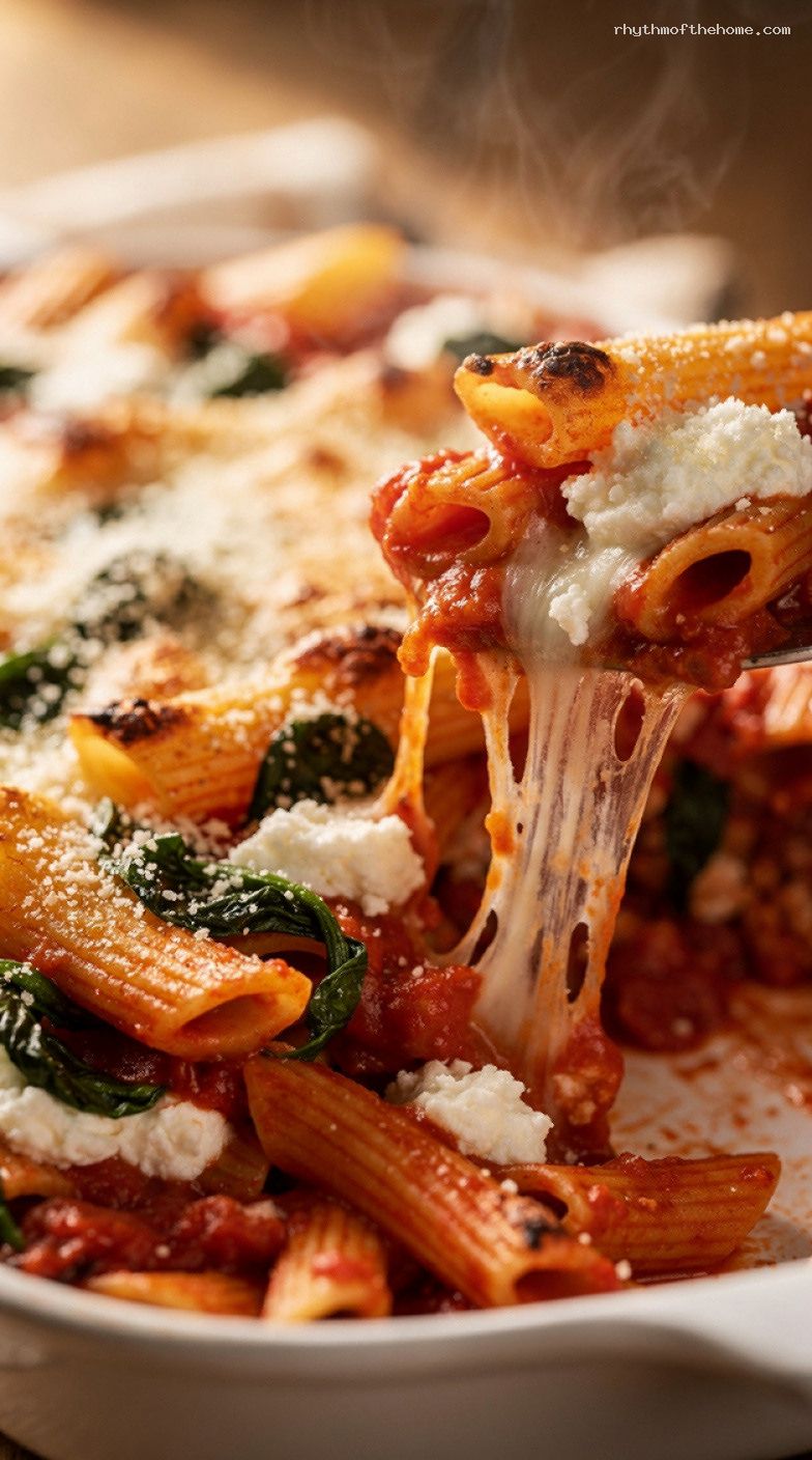 Lazy Baked Ziti With Marinara, Spinach, and Three Cheeses – Closeup