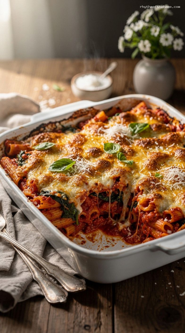 Lazy Baked Ziti With Marinara, Spinach, and Three Cheeses