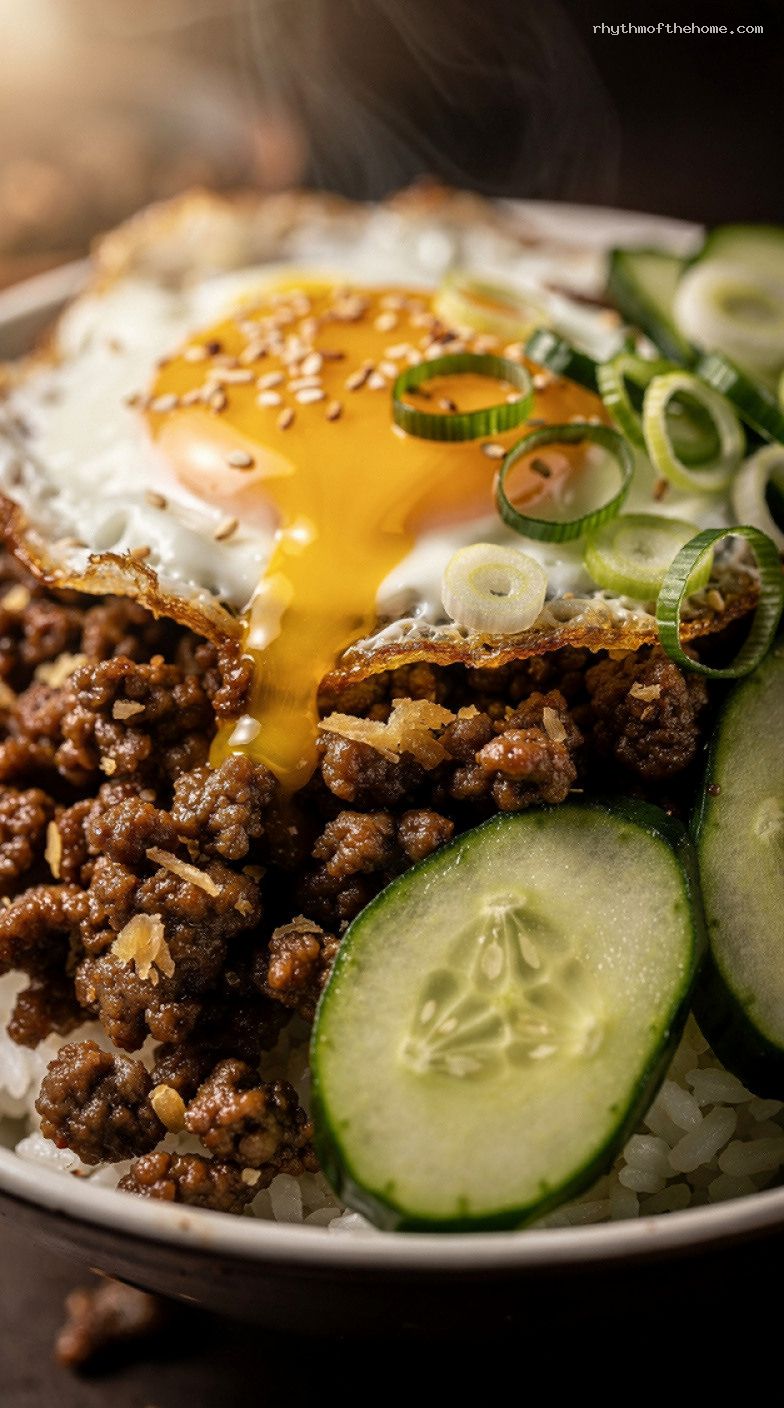 Lazy Korean-Style Beef Bowls With Rice, Cucumber, and Egg – Closeup