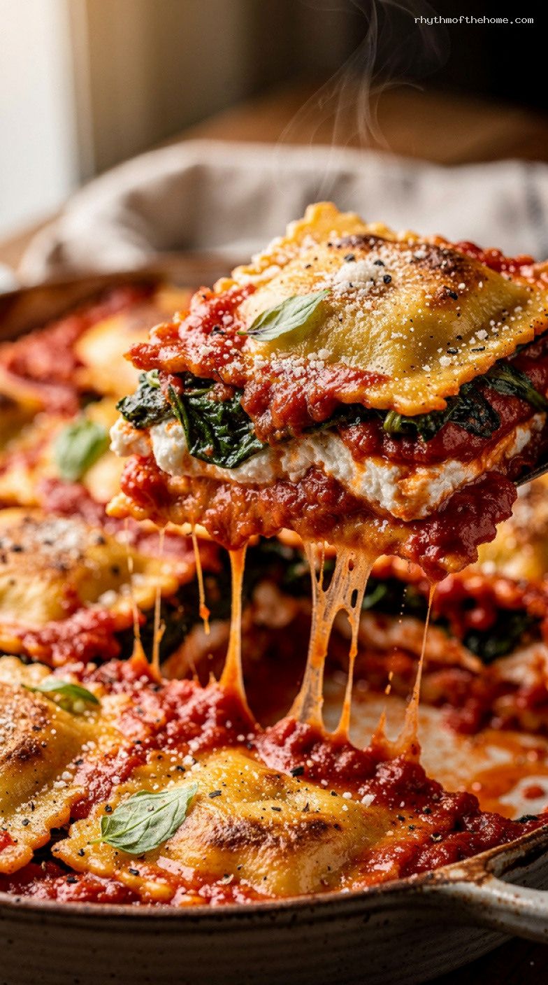 Lazy Lasagna Ravioli Bake With Marinara and Mozzarella – Closeup