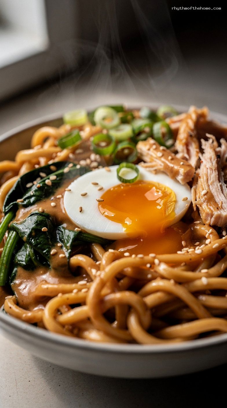 Lazy Peanut Sesame Ramen Bowl with Spinach and Soft Egg – Closeup