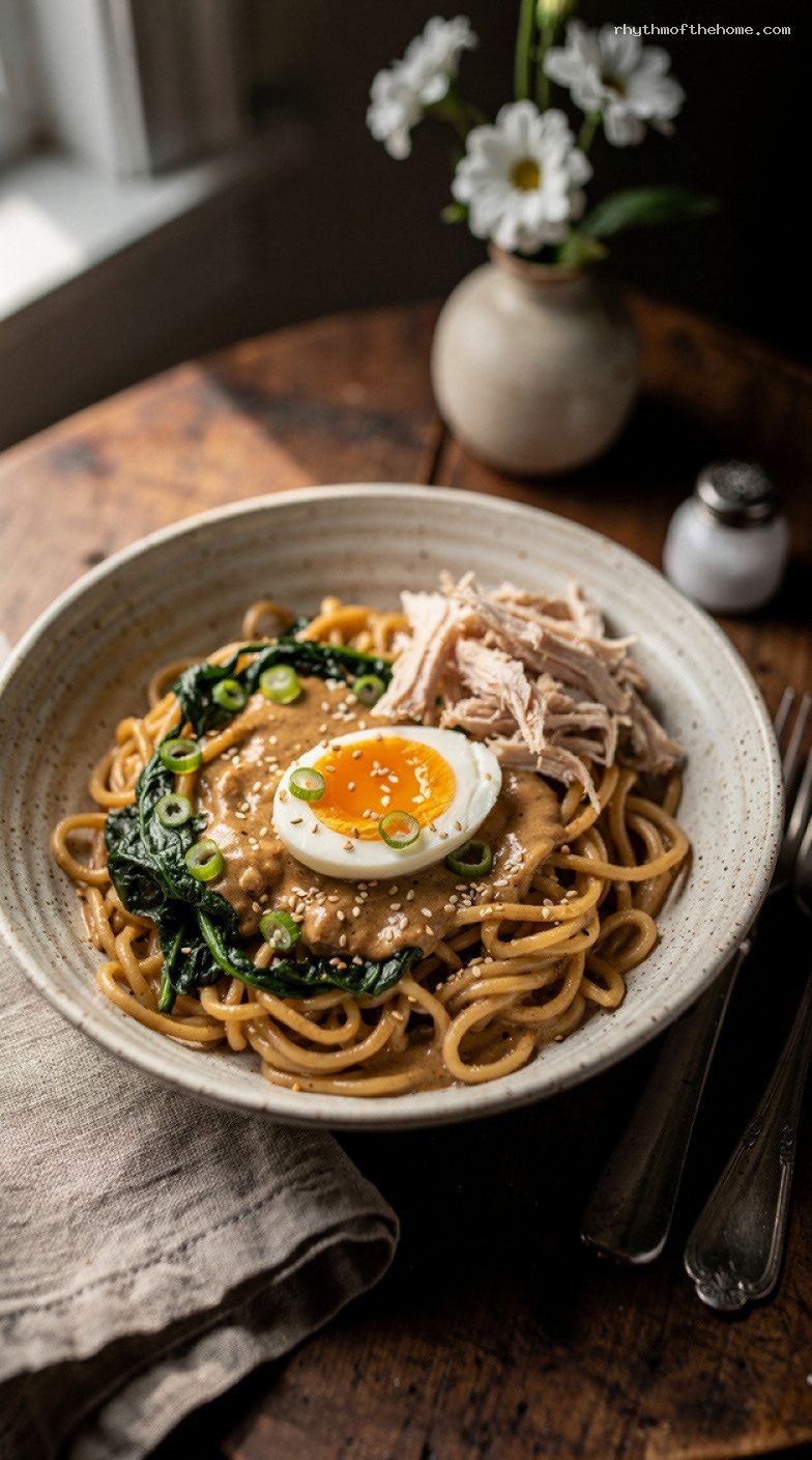Lazy Peanut Sesame Ramen Bowl with Spinach and Soft Egg