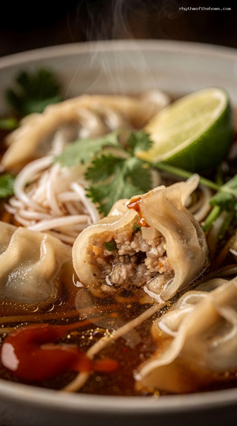 Lazy Pho With Rice Noodles and Frozen Potstickers – Closeup
