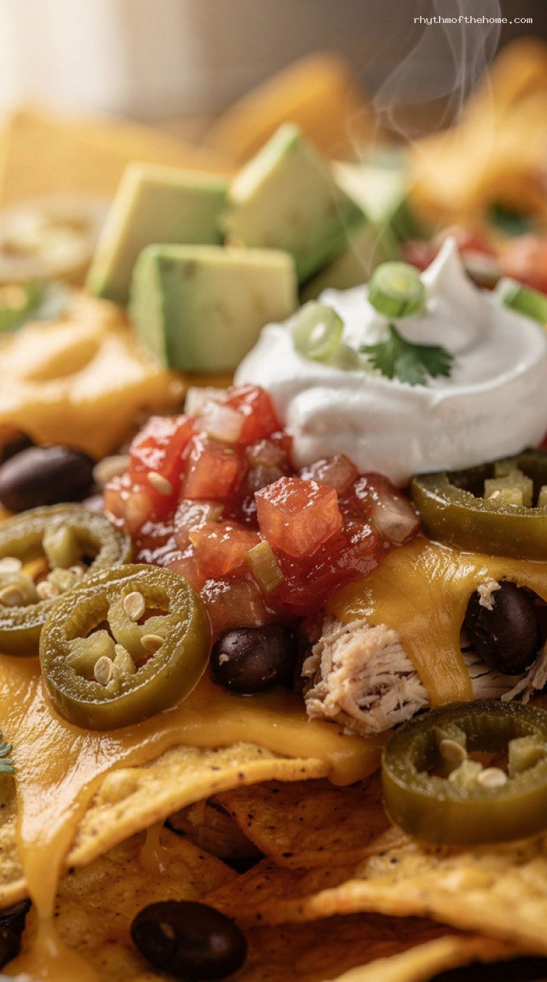 Lazy Sheet Pan Loaded Nachos With Chicken and Black Beans – Closeup