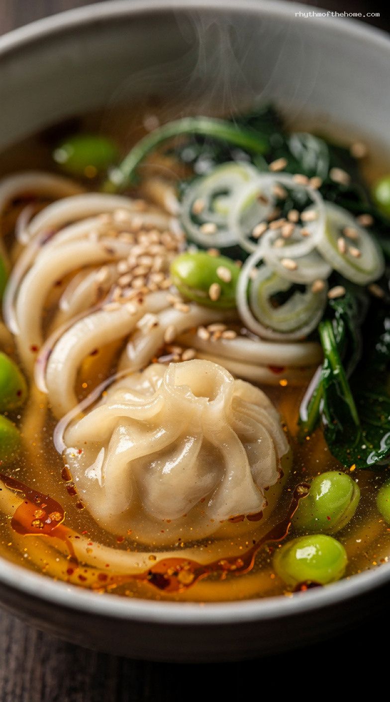 Miso Ginger Udon Soup With Dumplings and Edamame – Closeup