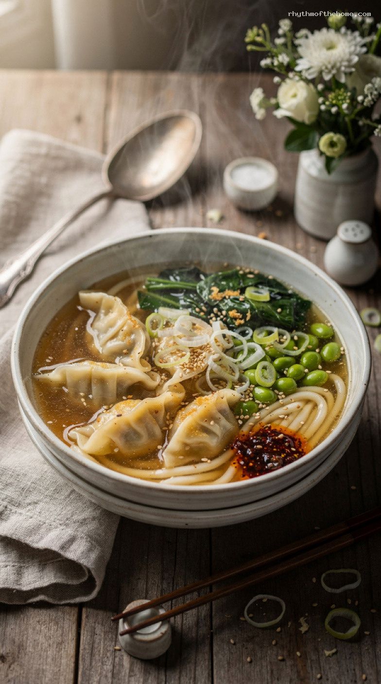 Miso Ginger Udon Soup With Dumplings and Edamame