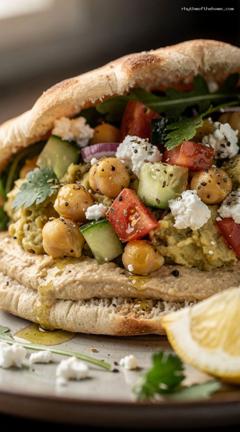 No-Cook Mediterranean Chickpea Salad Pitas with Feta and Hummus – Closeup