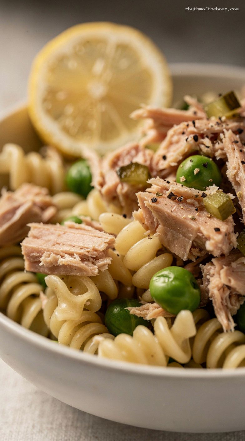 No-Fuss Pantry Tuna Pasta Salad with Pickles and Peas – Closeup