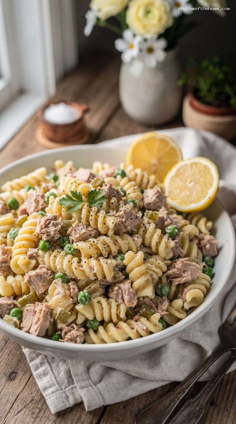 No-Fuss Pantry Tuna Pasta Salad with Pickles and Peas