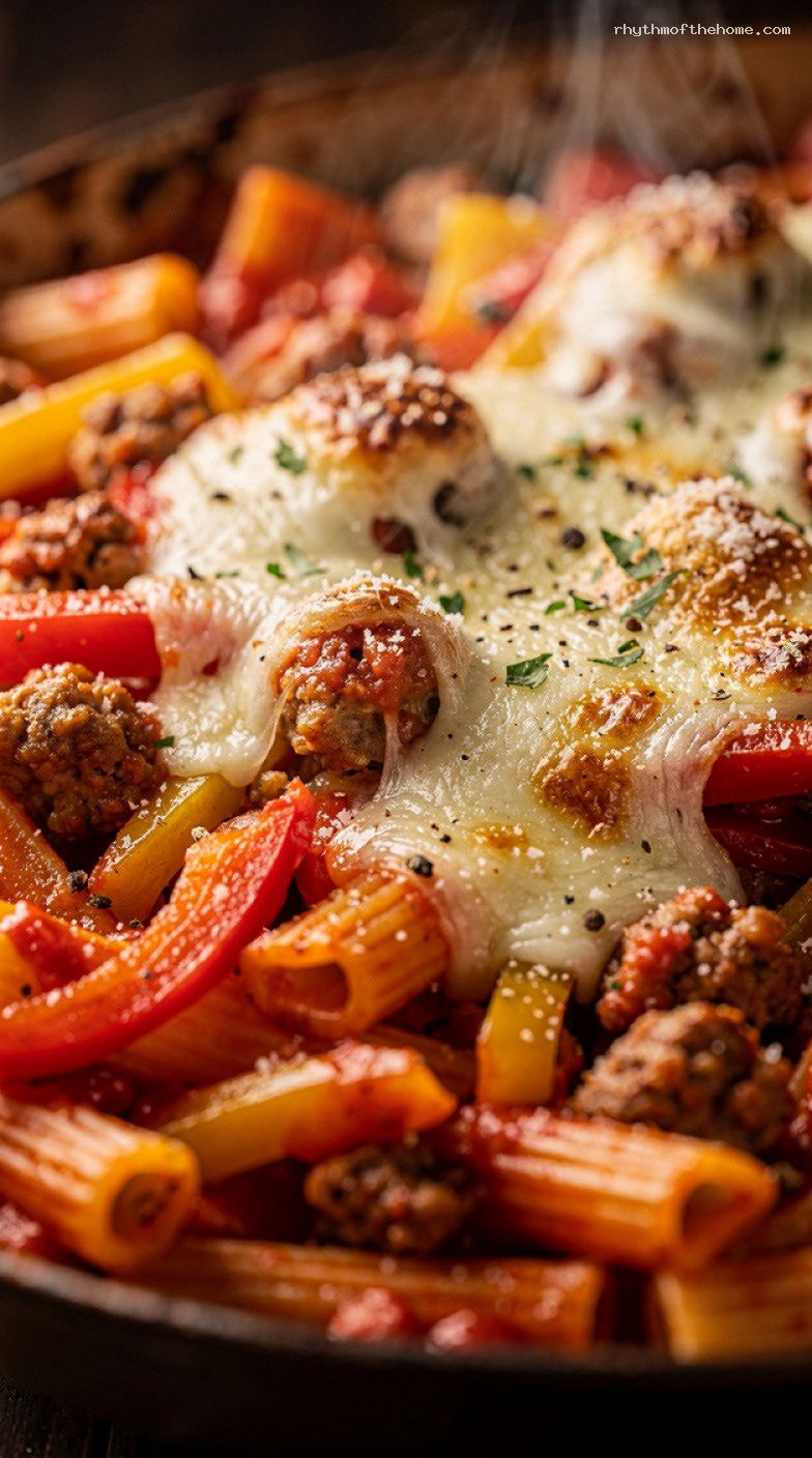 One-Bowl Sausage, Peppers, and Pasta Bake – Closeup