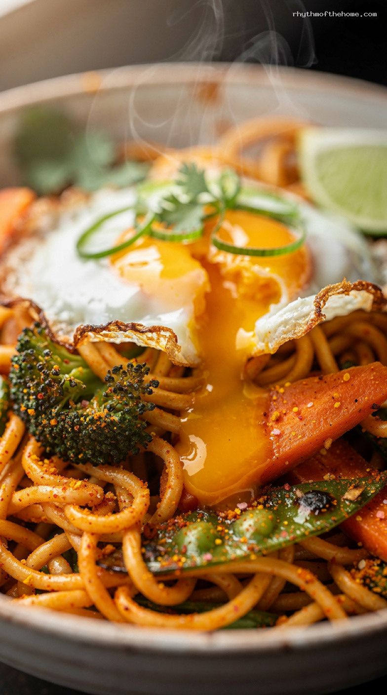 One-Pan Curry Noodle Stir-Fry With Veggies and Egg – Closeup