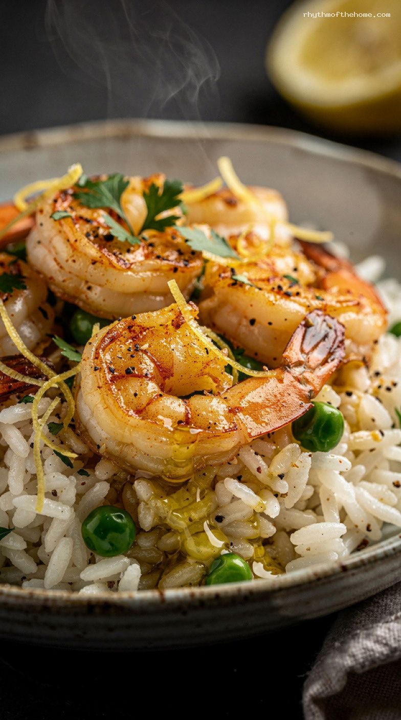 One-Pan Garlic Butter Shrimp With Lemon Rice And Peas – Closeup