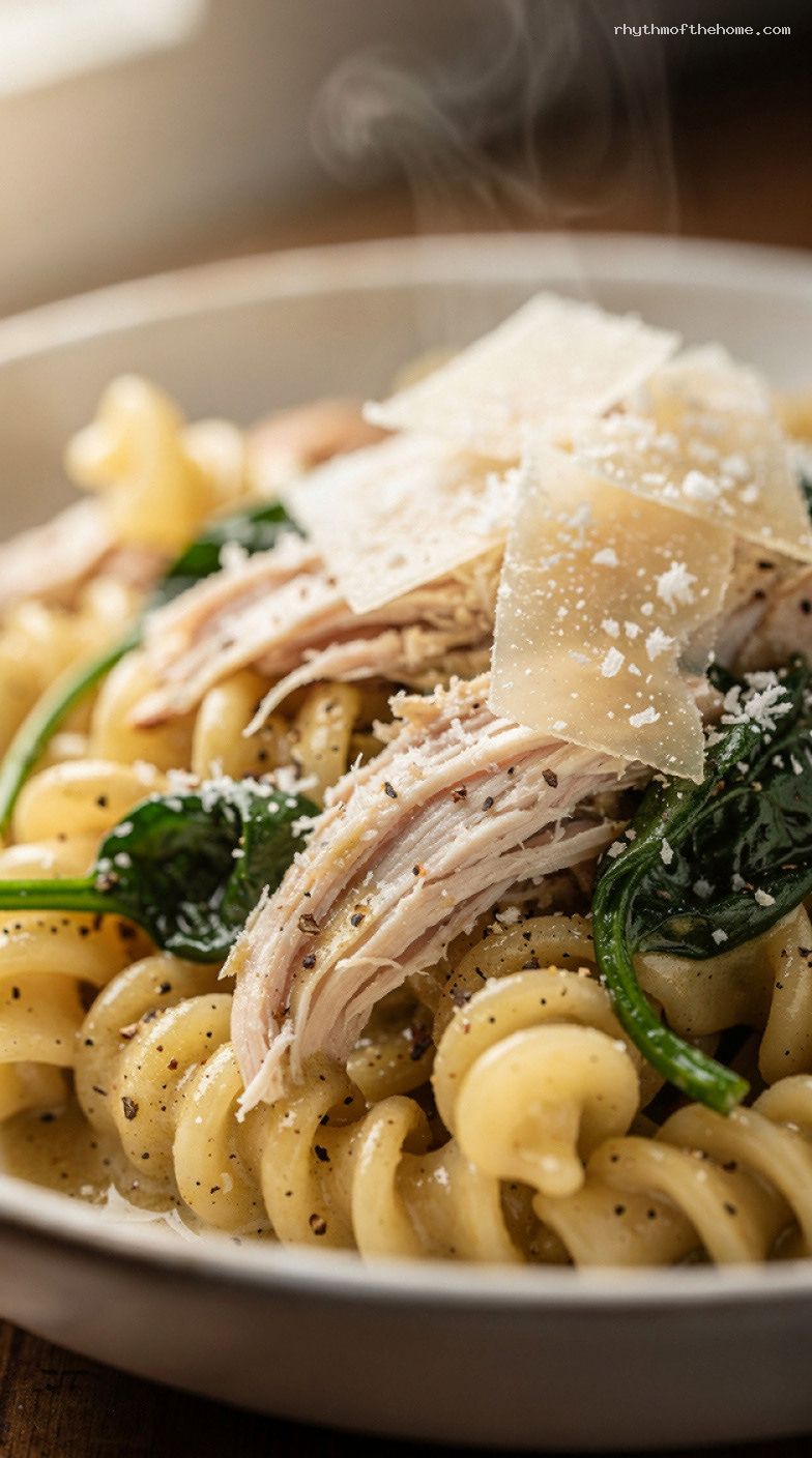One-Pan Garlic Parmesan Chicken Pasta with Spinach – Closeup