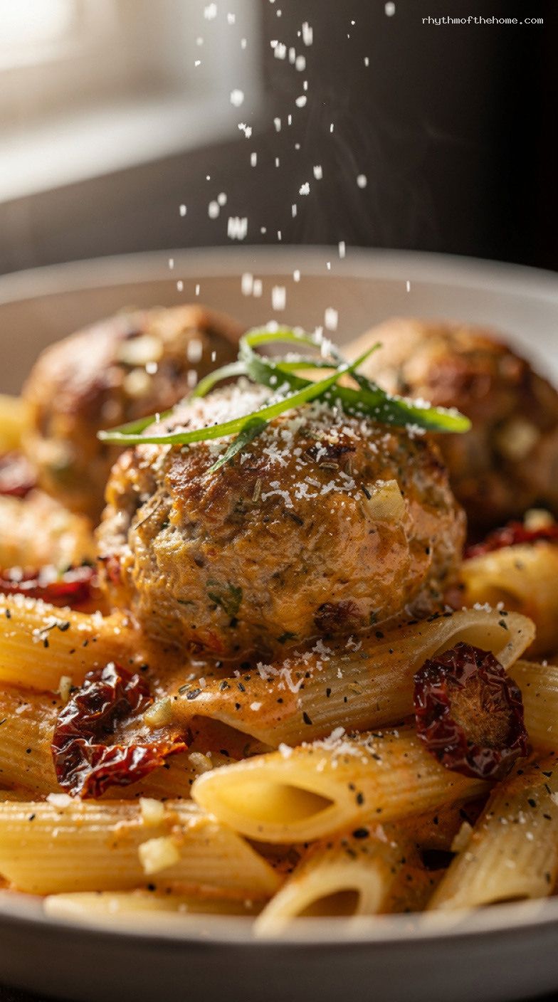 One-Pan Marry Me Chicken Meatballs With Sun-Dried Tomatoes – Closeup