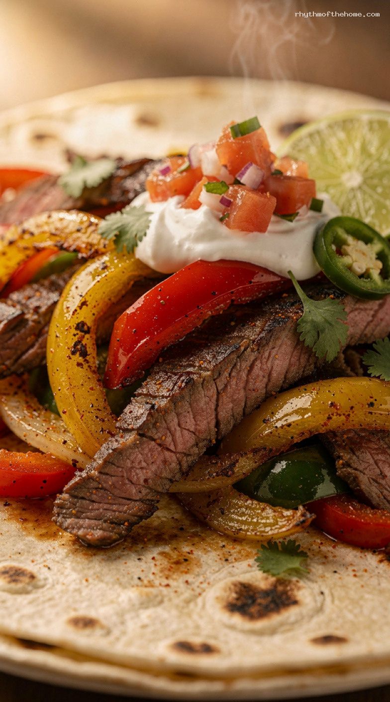 One-Pan Steak or Chicken Fajitas with Peppers and Onions – Closeup