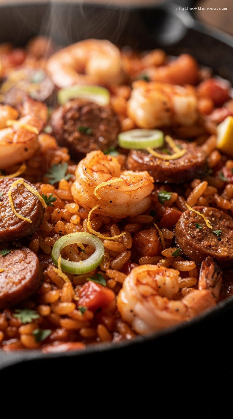One-Pot Cajun Sausage and Shrimp Rice Skillet – Closeup