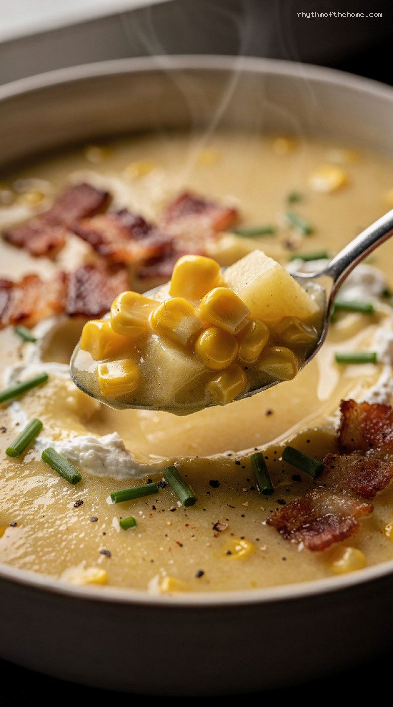 One-Pot Creamy Corn Chowder With Potatoes and Bacon – Closeup