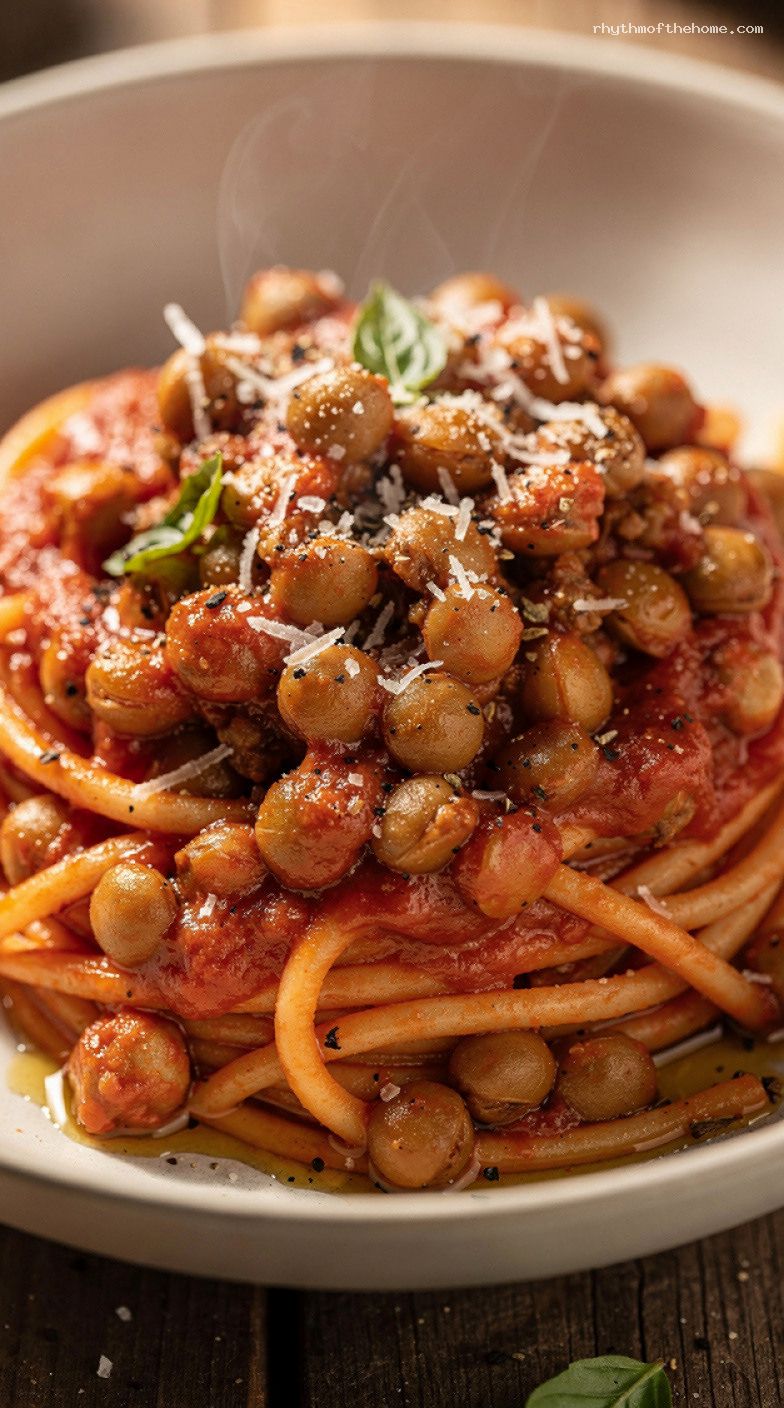 One-Pot Lentil Bolognese Pasta With Marinara and Parmesan – Closeup