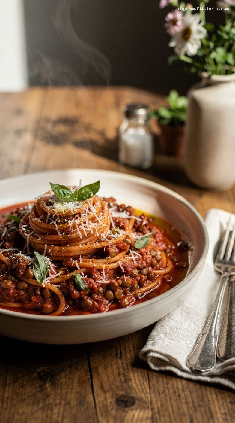One-Pot Lentil Bolognese Pasta With Marinara and Parmesan