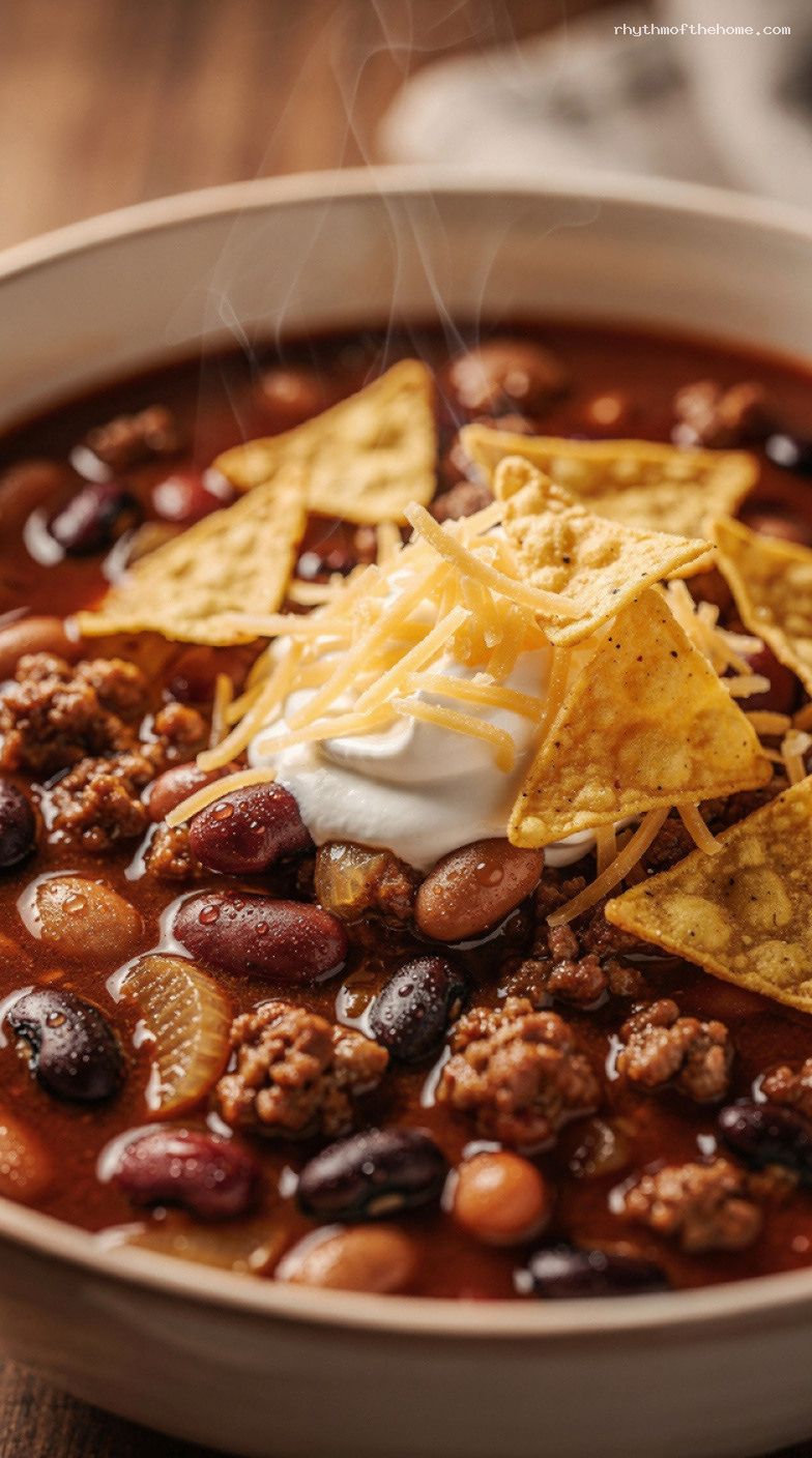 One-Pot Pantry Chili With Coffee and Classic Toppings – Closeup