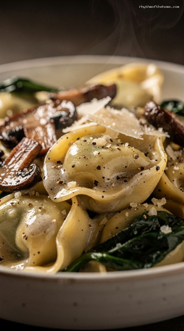 One-Skillet Creamy Garlic Butter Tortellini With Mushrooms – Closeup