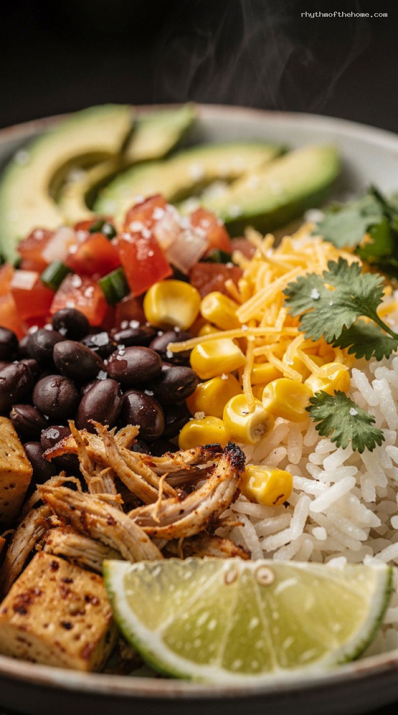 Pantry Burrito Bowls With Black Beans, Rice, and Avocado – Closeup