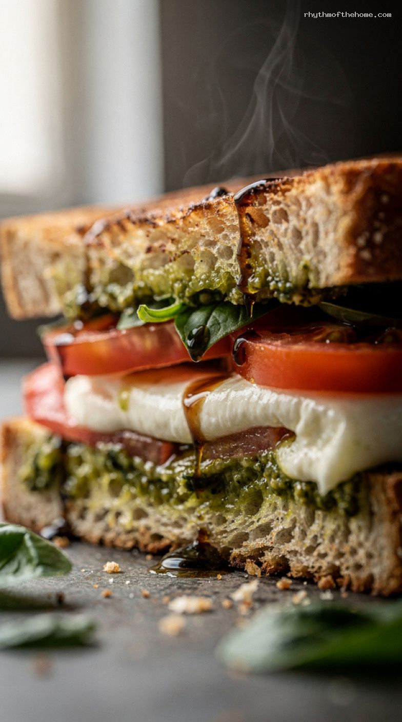 Pesto Caprese Grilled Cheese Panini With Balsamic Glaze – Closeup