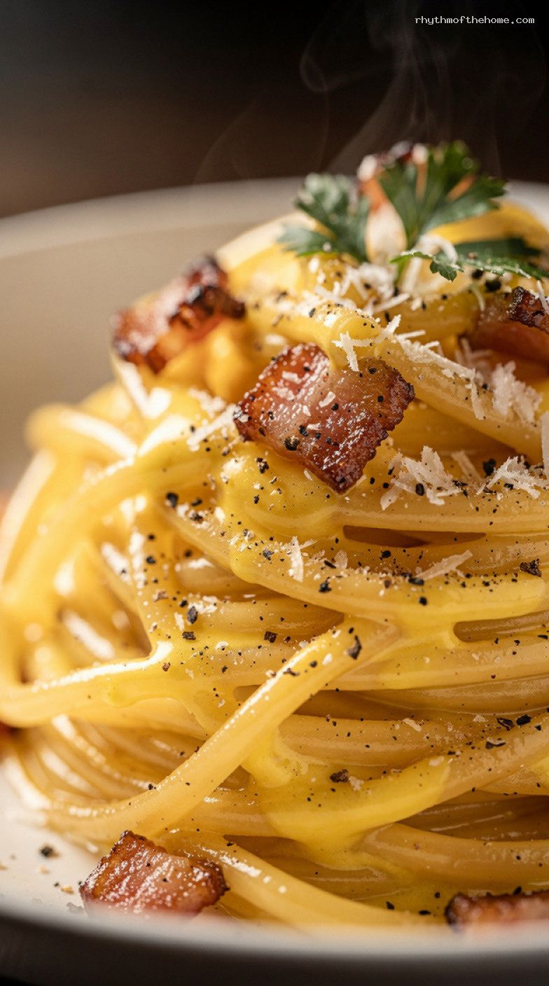 Quick Carbonara-Style Spaghetti With Bacon, Egg, and Parmesan – Closeup