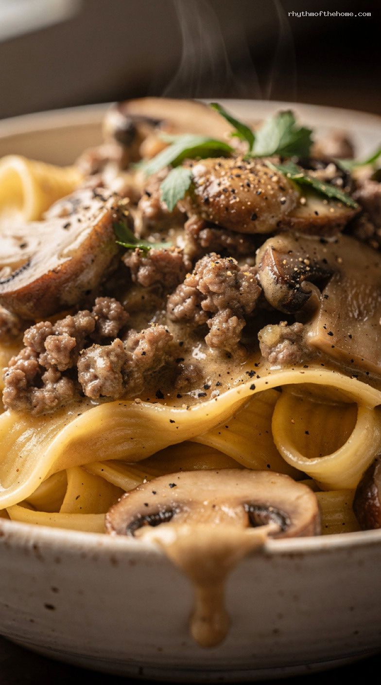Quick Ground Beef Stroganoff with Mushrooms and Egg Noodles – Closeup
