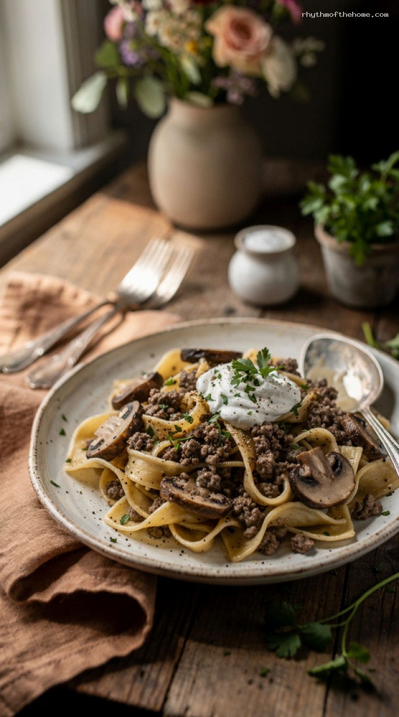 Quick Ground Beef Stroganoff with Mushrooms and Egg Noodles