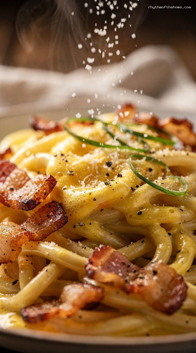 Quick Ramen Carbonara With Bacon, Parmesan, and Egg Yolk – Closeup