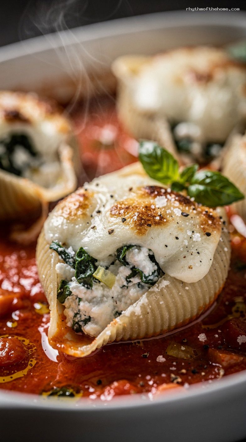 Quick Spinach Ricotta Stuffed Shells With Marinara And Mozzarella – Closeup