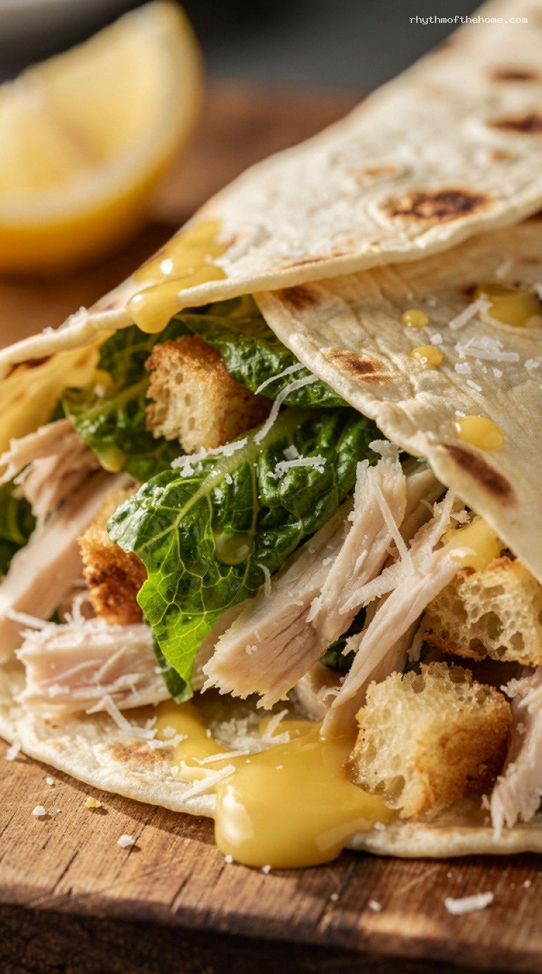 Rotisserie Chicken Caesar Wraps with Crunchy Romaine and Parmesan – Closeup