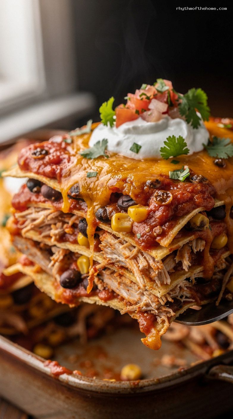 Rotisserie Chicken Dump Enchilada Casserole with Black Beans and Corn – Closeup