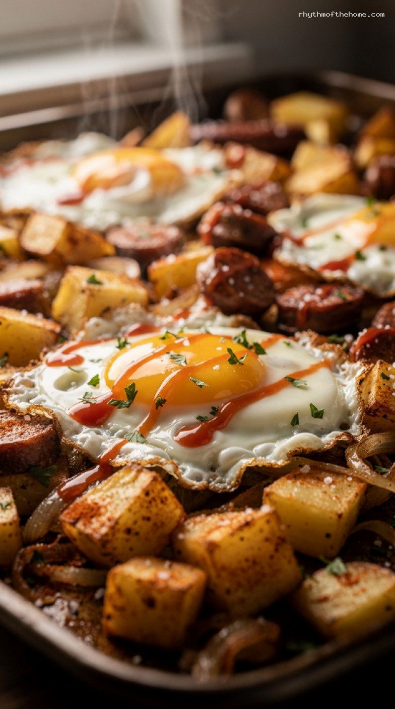 Sheet-Pan Breakfast Hash With Sausage and Baked Eggs – Closeup